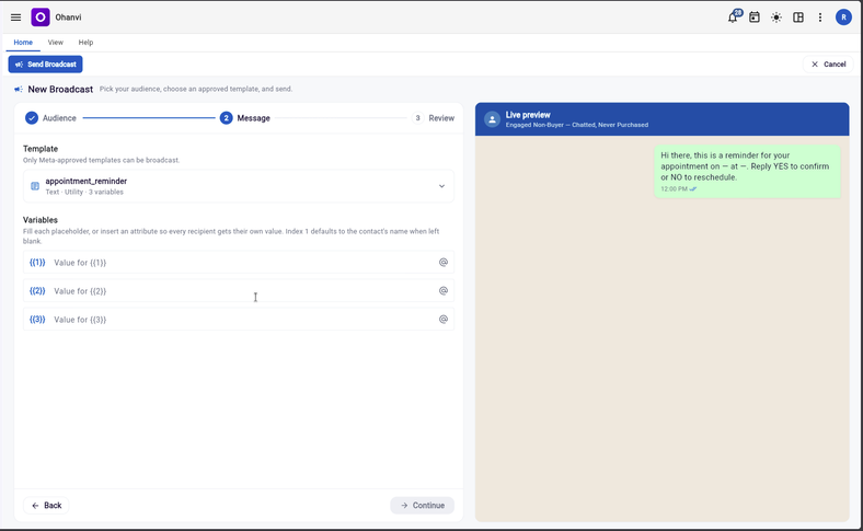 Ohanvi’s broadcast builder at the message step, with an approved template selected, its variables listed and a live preview of the message beside them