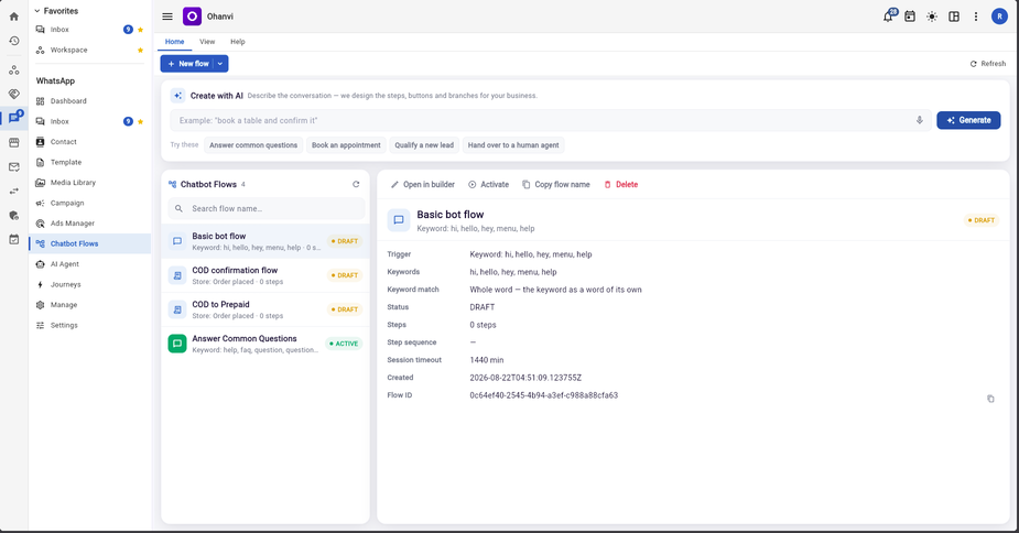 Ohanvi chatbot flow builder showing connected WhatsApp automation steps