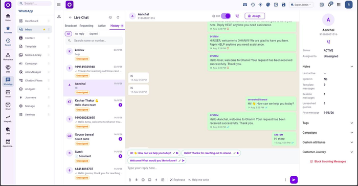Ohanvi shared inbox showing a live WhatsApp conversation with assignment controls and customer history