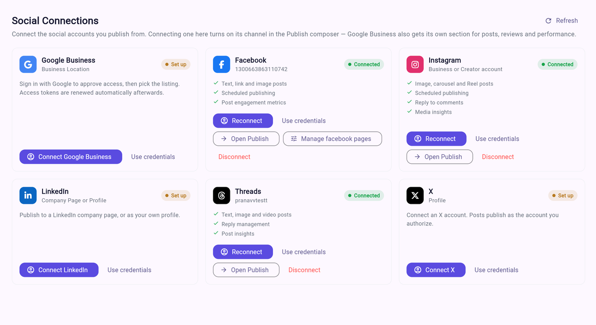 Social connections grid with Instagram, Facebook and Threads connected, and LinkedIn and X ready to set up