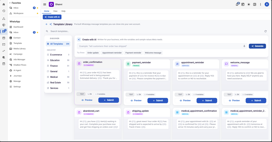 Ohanvi’s template library showing pre-built WhatsApp templates grouped by industry, each with its category, variable count and a submit-for-approval button